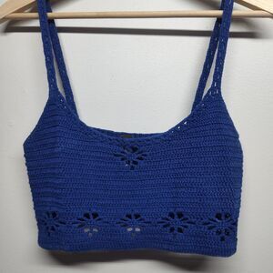 Free People Crochet Cropped Tank Top Women Size M Blue Sleeveless Beachy Casual